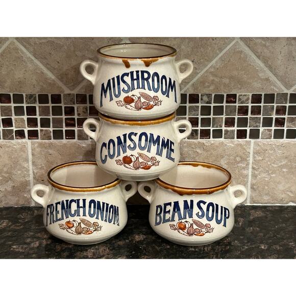 Vintage Set of 4 Stoneware Japan handle Soup Bowls Onion Bean Mushroom Cups Mugs - Picture 2 of 11